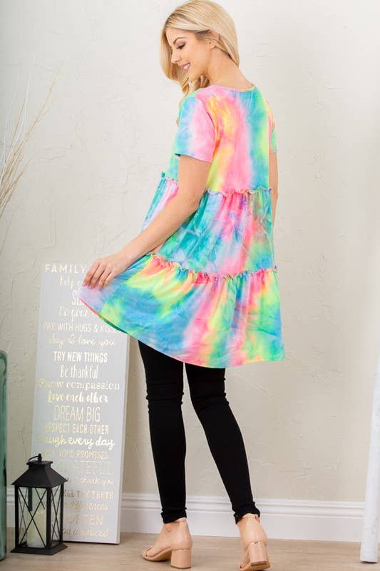 Multi Color Tie Dye Dress with Ruffled Detail