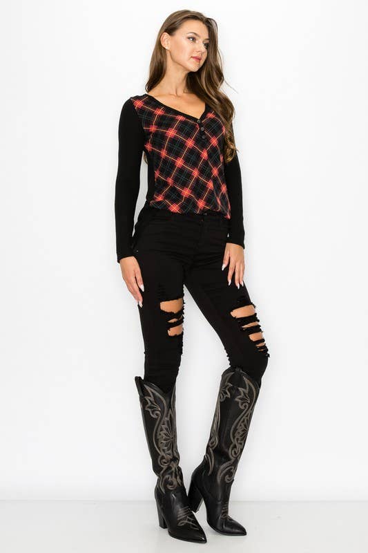 Plaid Back Detail Long Sleeve V Neck Top