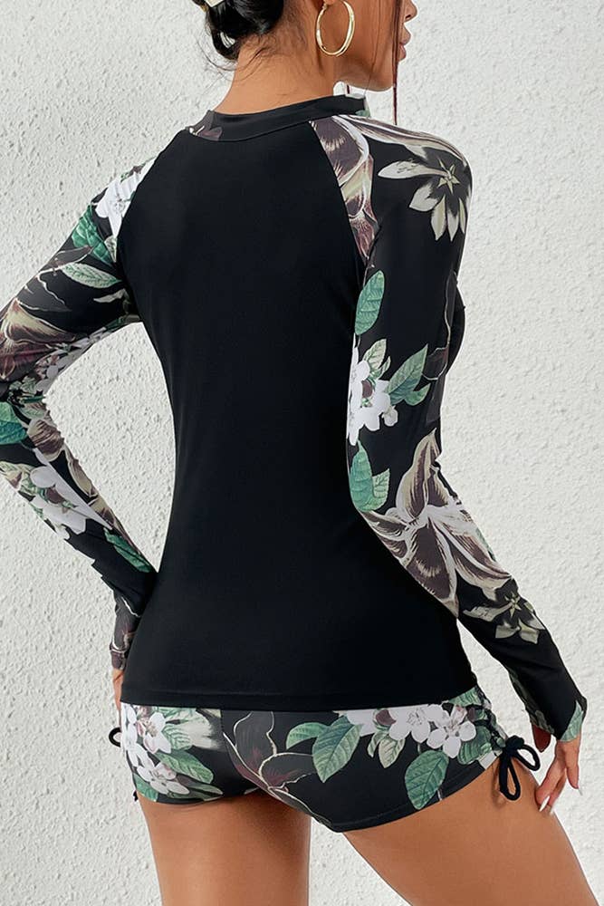 Zipper Down Floral Print Sleeves Rushguard 2pcs Set ZZKF636