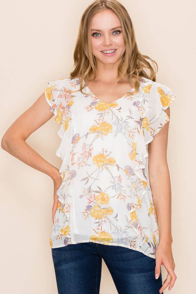Women Floral Print Ruffle Blouse