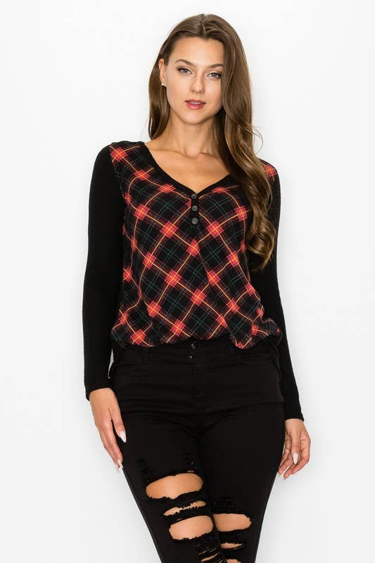 Plaid Back Detail Long Sleeve V Neck Top