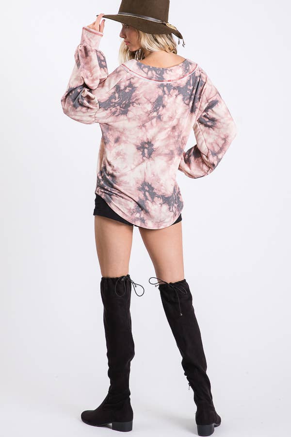 Loose Fitting Tie Dye V neck Balloon Long Sleeve Top T3472