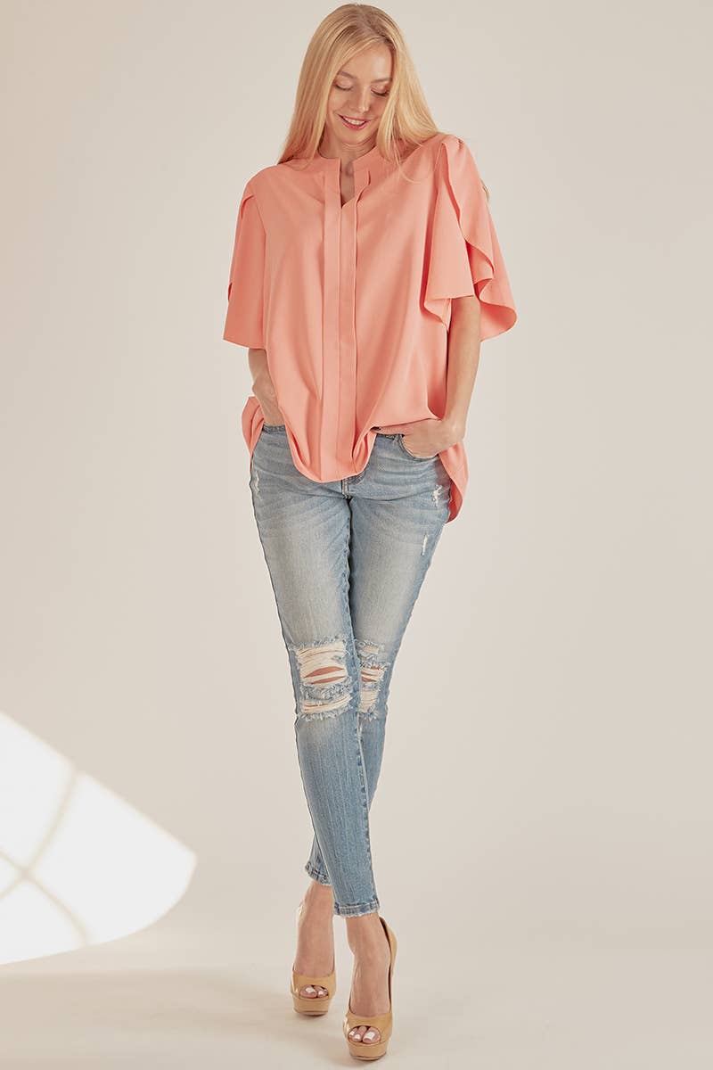 Solid Petal Flutter Sleeve Loose Blouse
