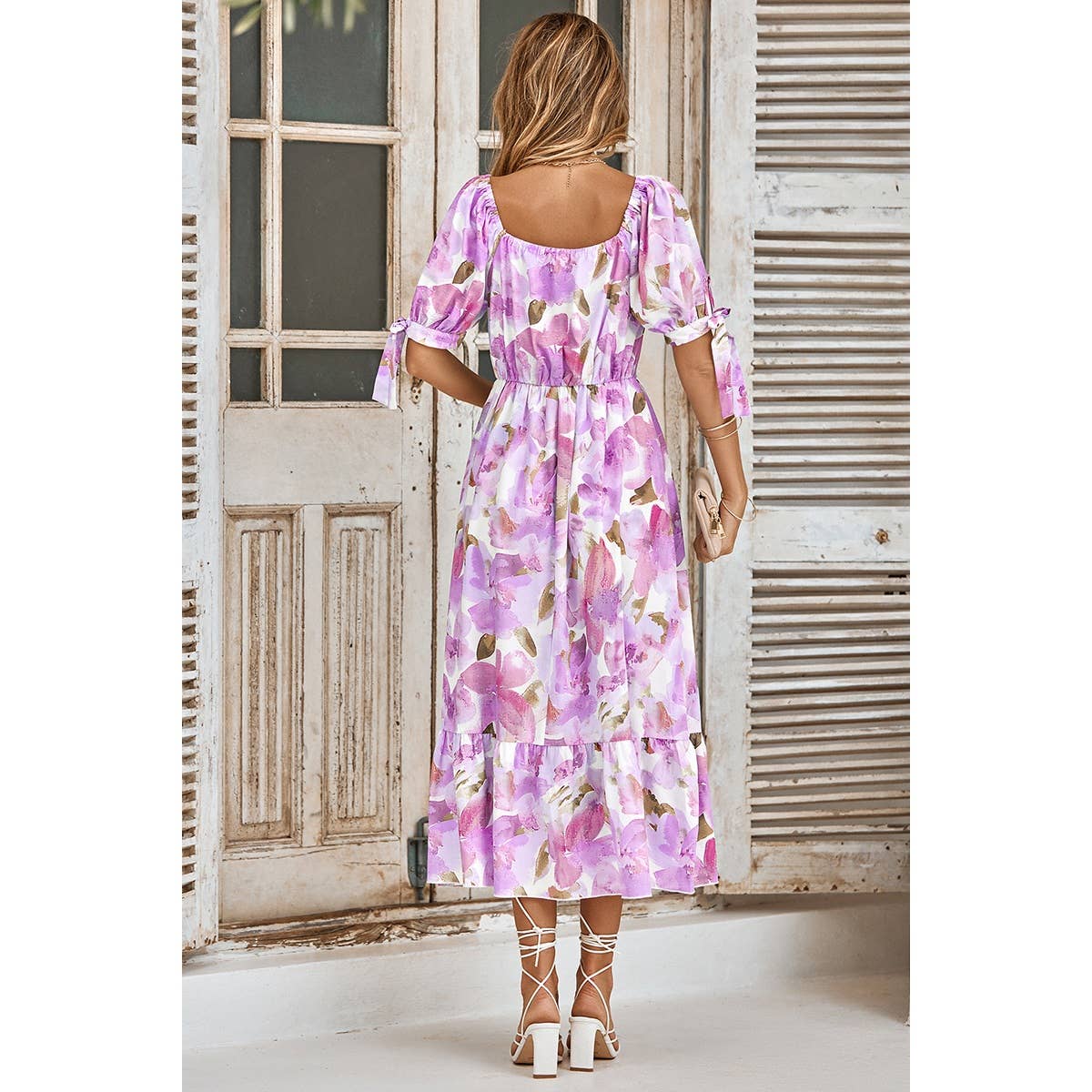Floral Paint Short Sleeve Tie Cuff Surplice Neck Dress