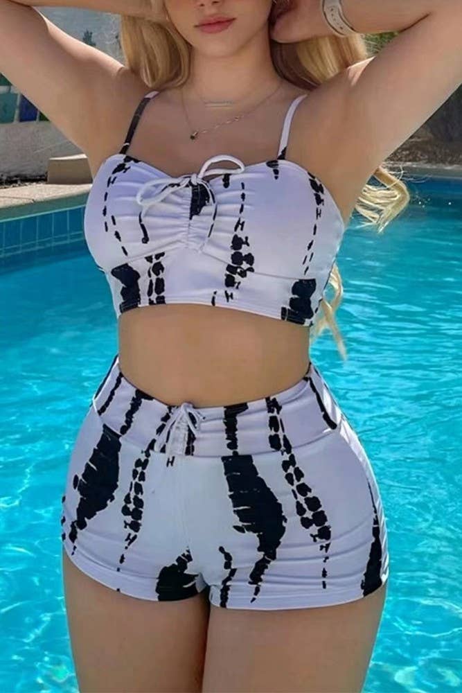 Tie Dye Print Ruched Tank with Shorts Tankini Set