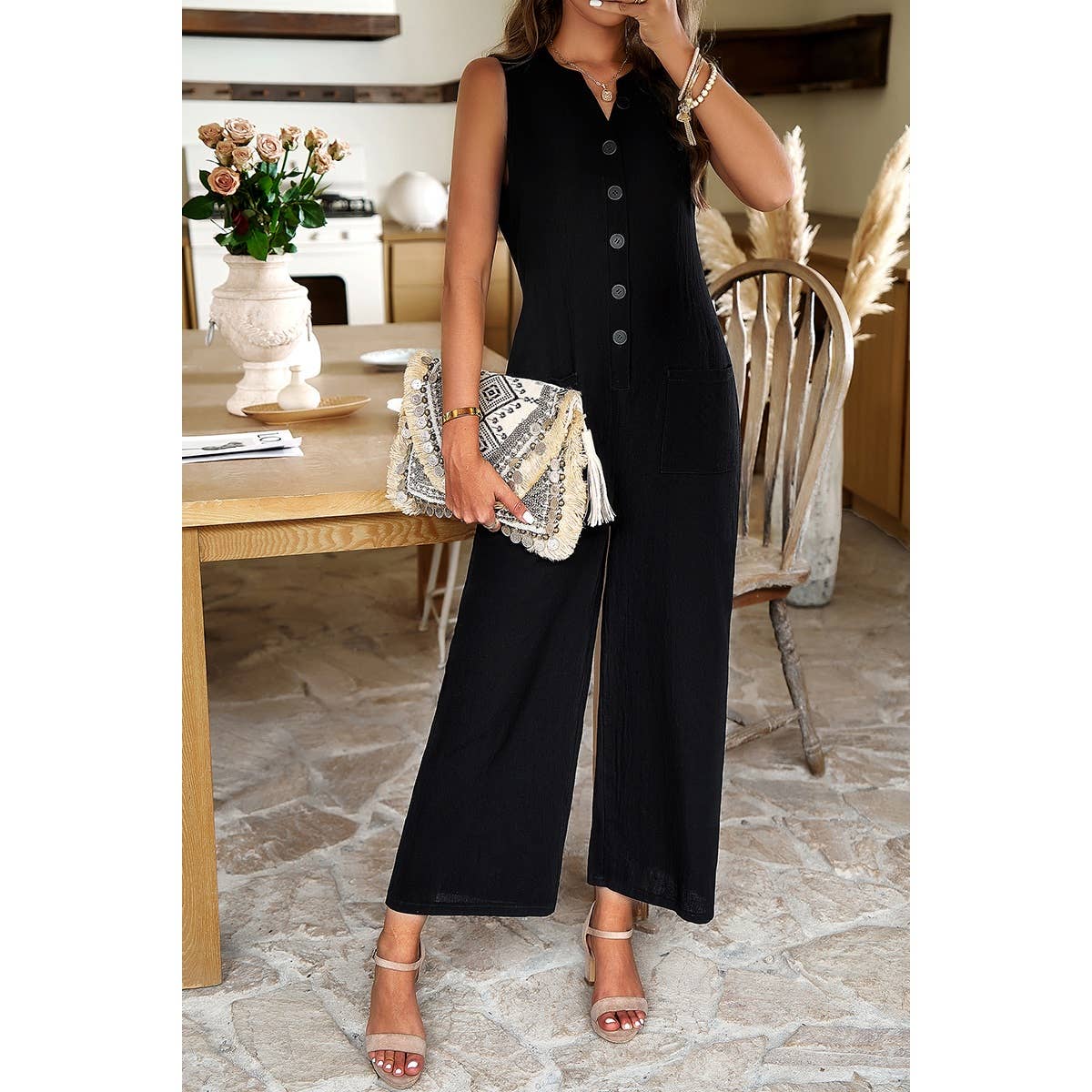 Pockets Button Tirm Wide Leg Sleeveless Jumpsuit
