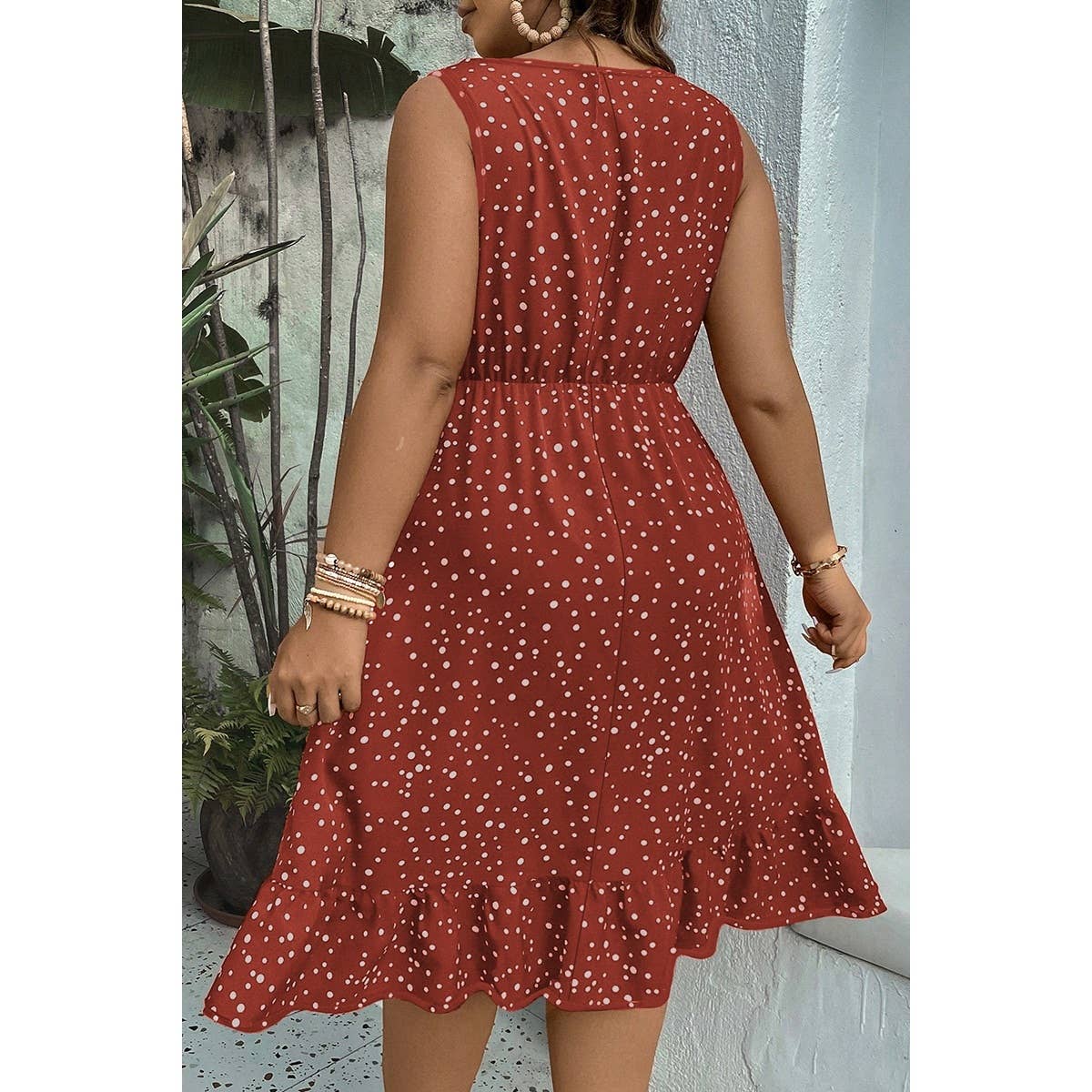 Plus Dot Print High Elastic Waist Ruffle Dress