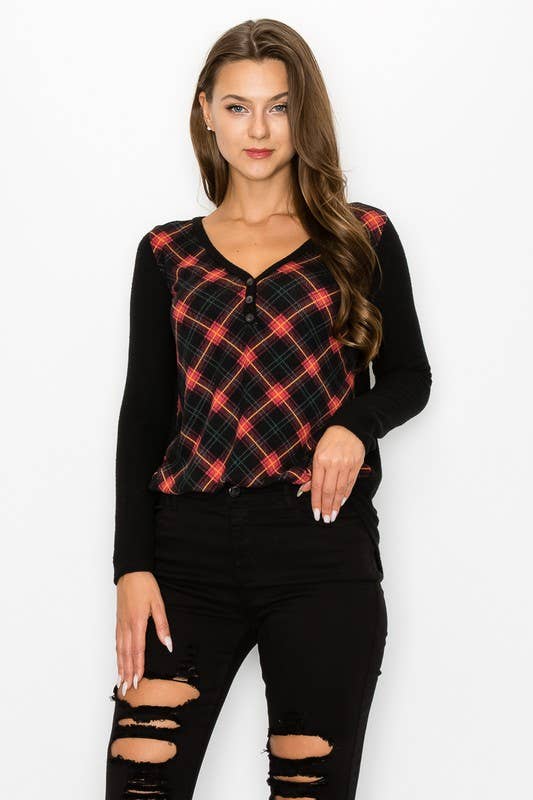 Plaid Back Detail Long Sleeve V Neck Top
