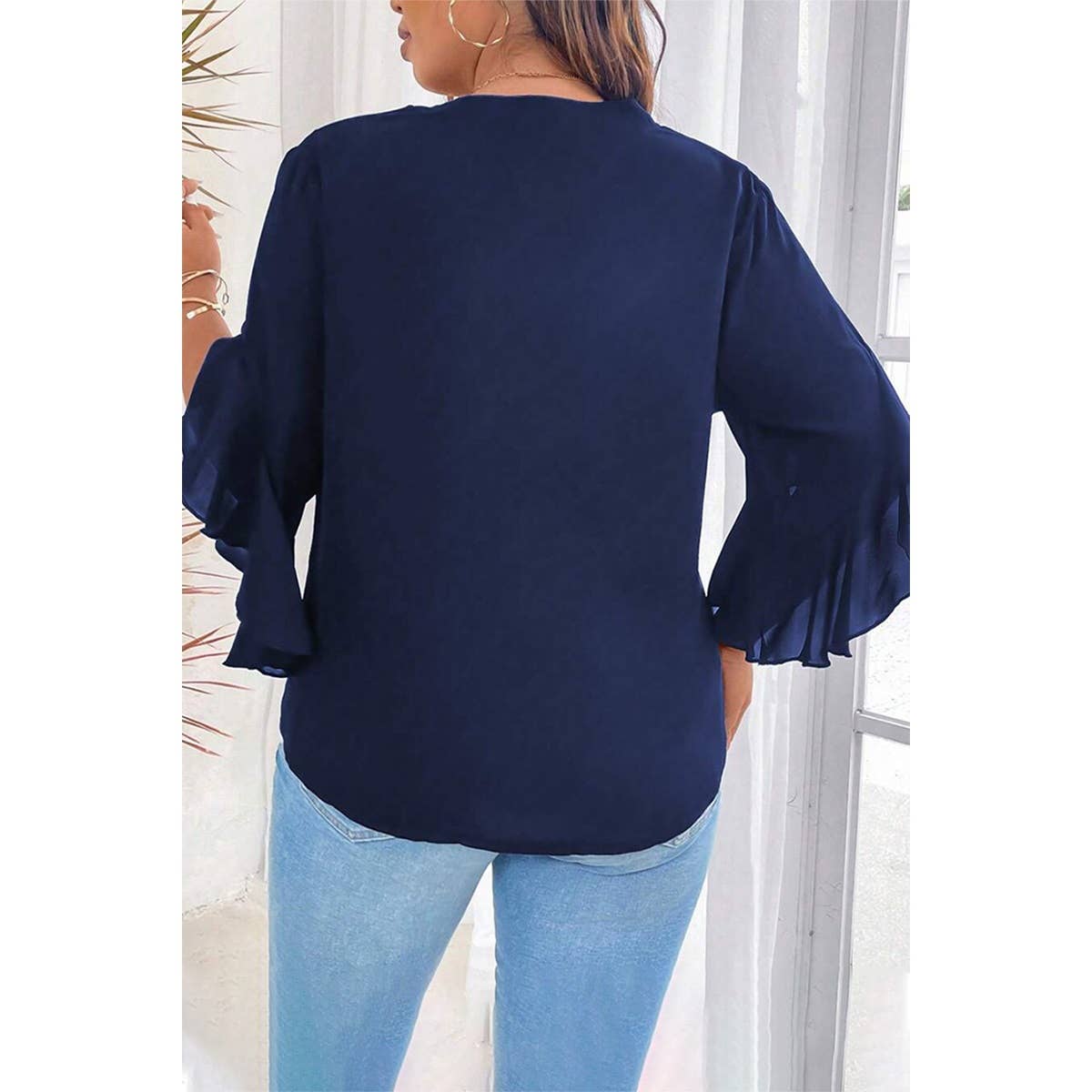 Plus V-Neck Ruffle Half Sleeves Loose Blouse