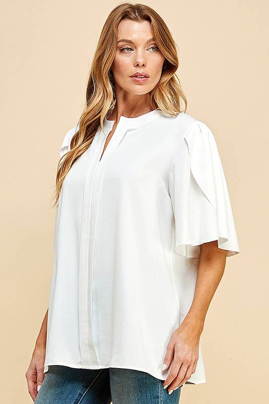 Solid Petal Flutter Sleeve Loose Blouse