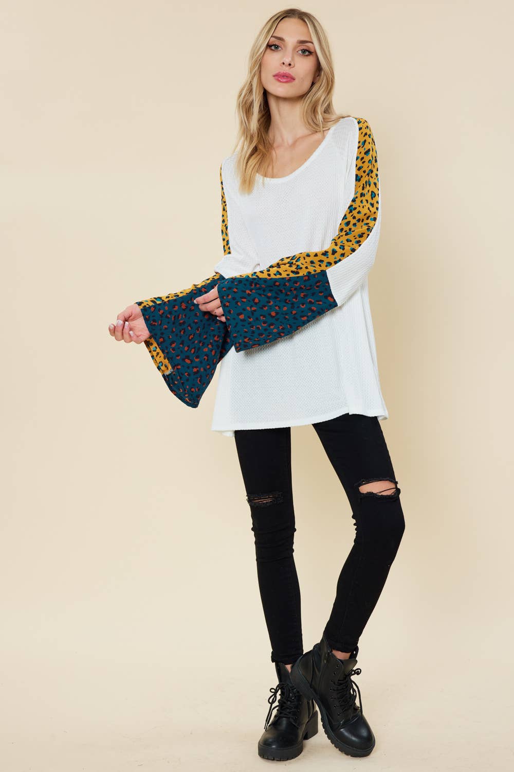 Bell sleeve top with color contrast leopard print