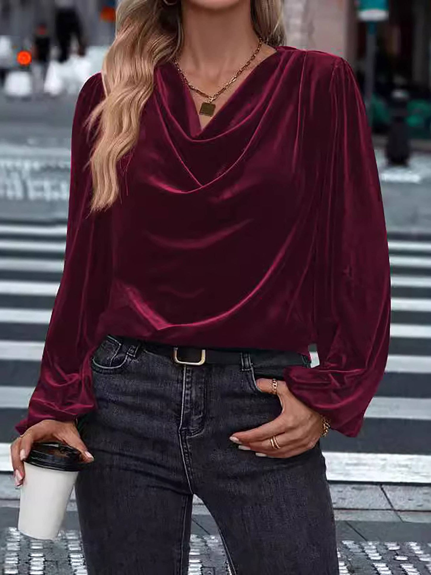 Velvet Pile Collar Lantern Sleeve Top
