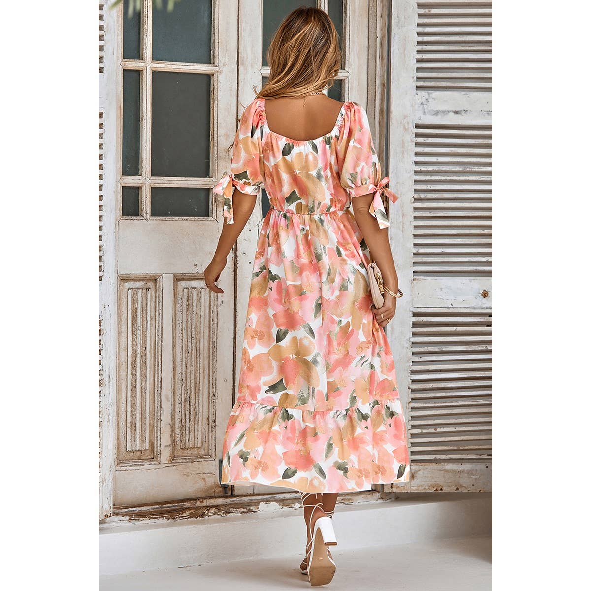Floral Paint Short Sleeve Tie Cuff Surplice Neck Dress