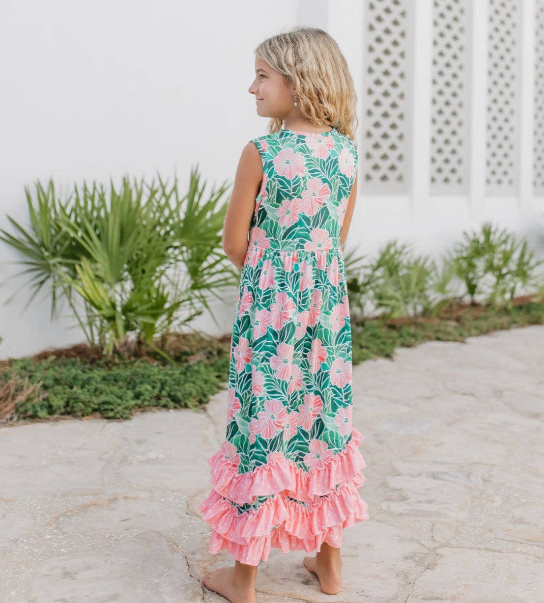 Girls 3 Tiered Pink Green Tropical Spring Ruffles Dress