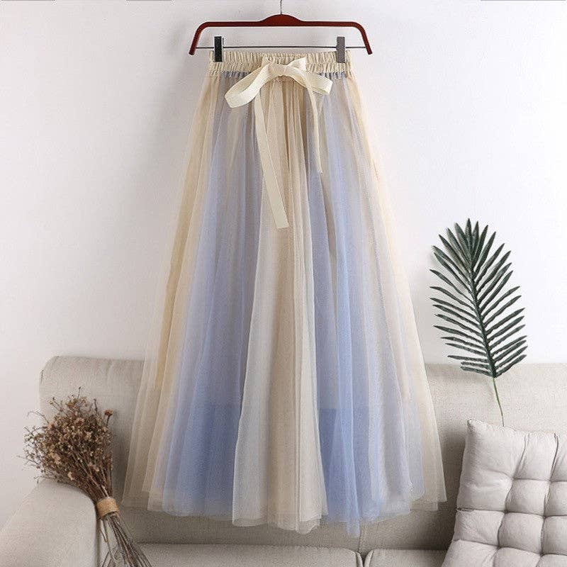 Color-Block Tulle Midi Puff Half Skirt