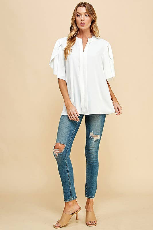 Solid Petal Flutter Sleeve Loose Blouse