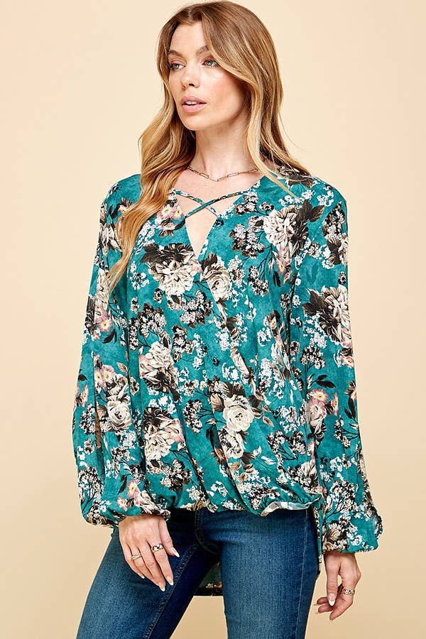 Women Floral Criss Cross Cuffed Open Sleeve Top
