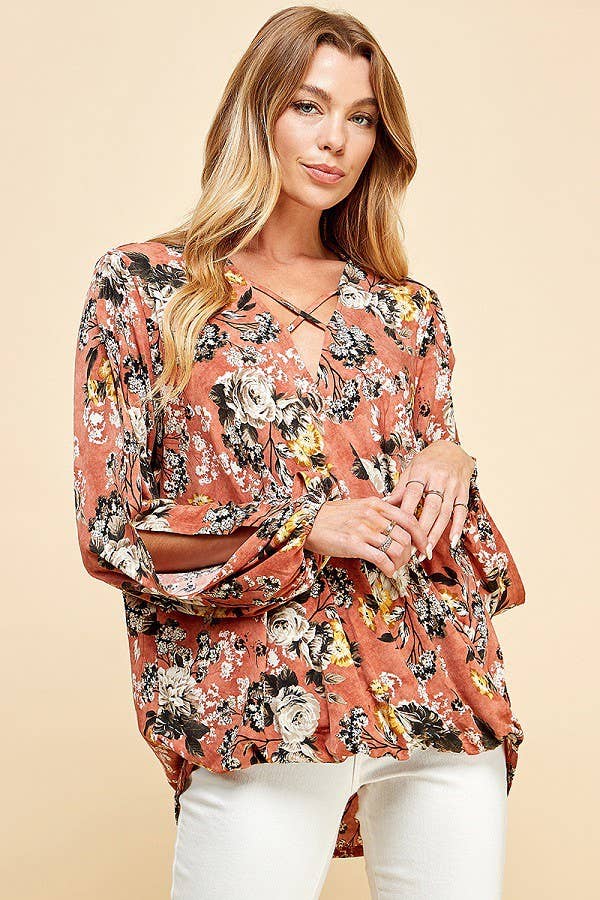 Women Floral Criss Cross Cuffed Open Sleeve Top