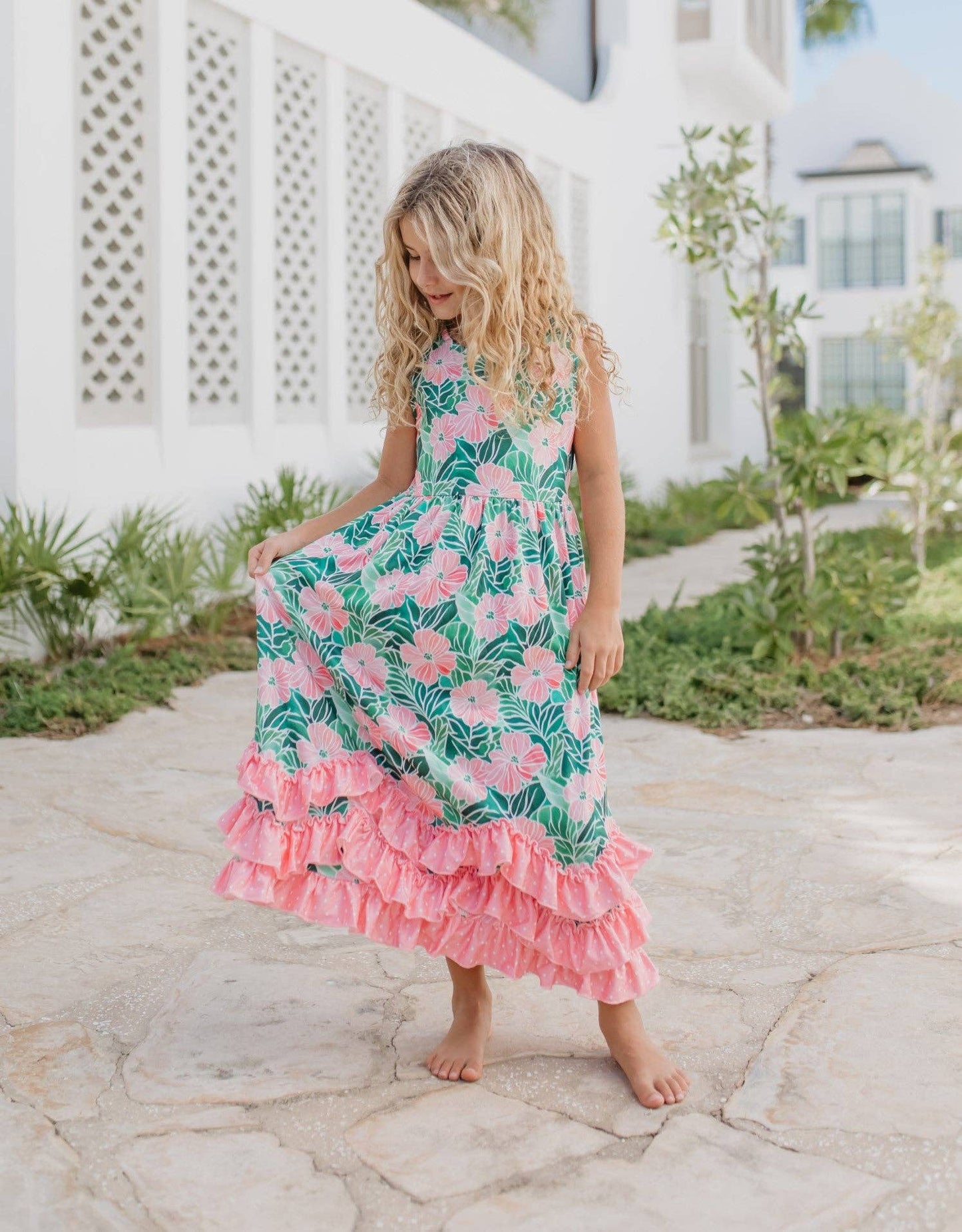 Girls 3 Tiered Pink Green Tropical Spring Ruffles Dress