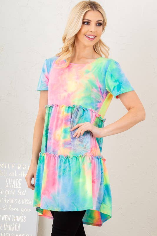 Multi Color Tie Dye Dress with Ruffled Detail