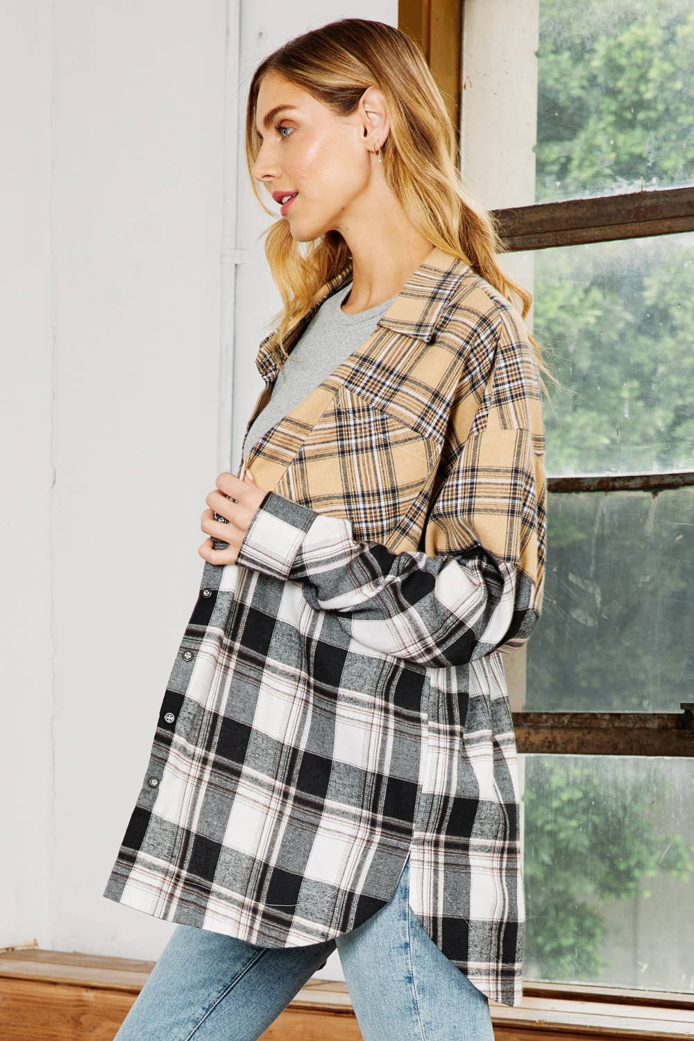 Mixed Plaid Button Down Oversized Shirt