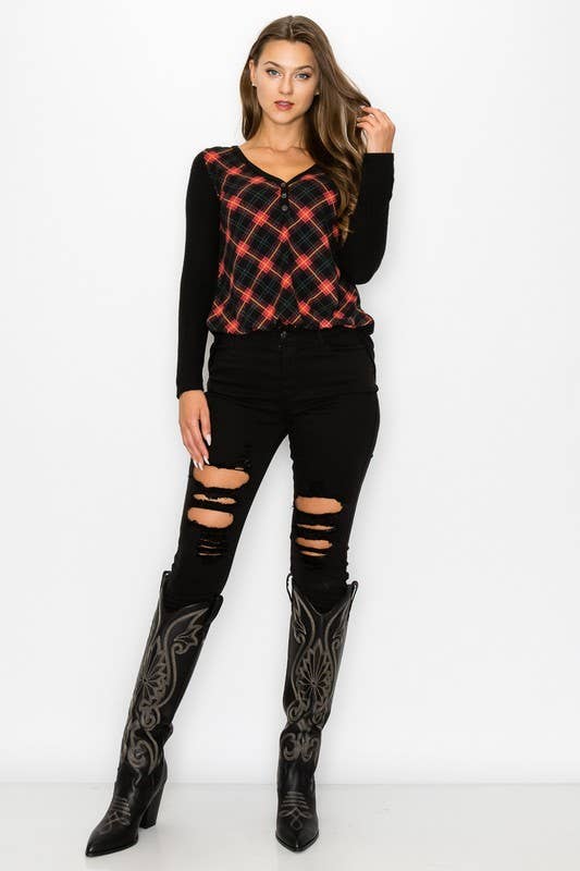 Plaid Back Detail Long Sleeve V Neck Top
