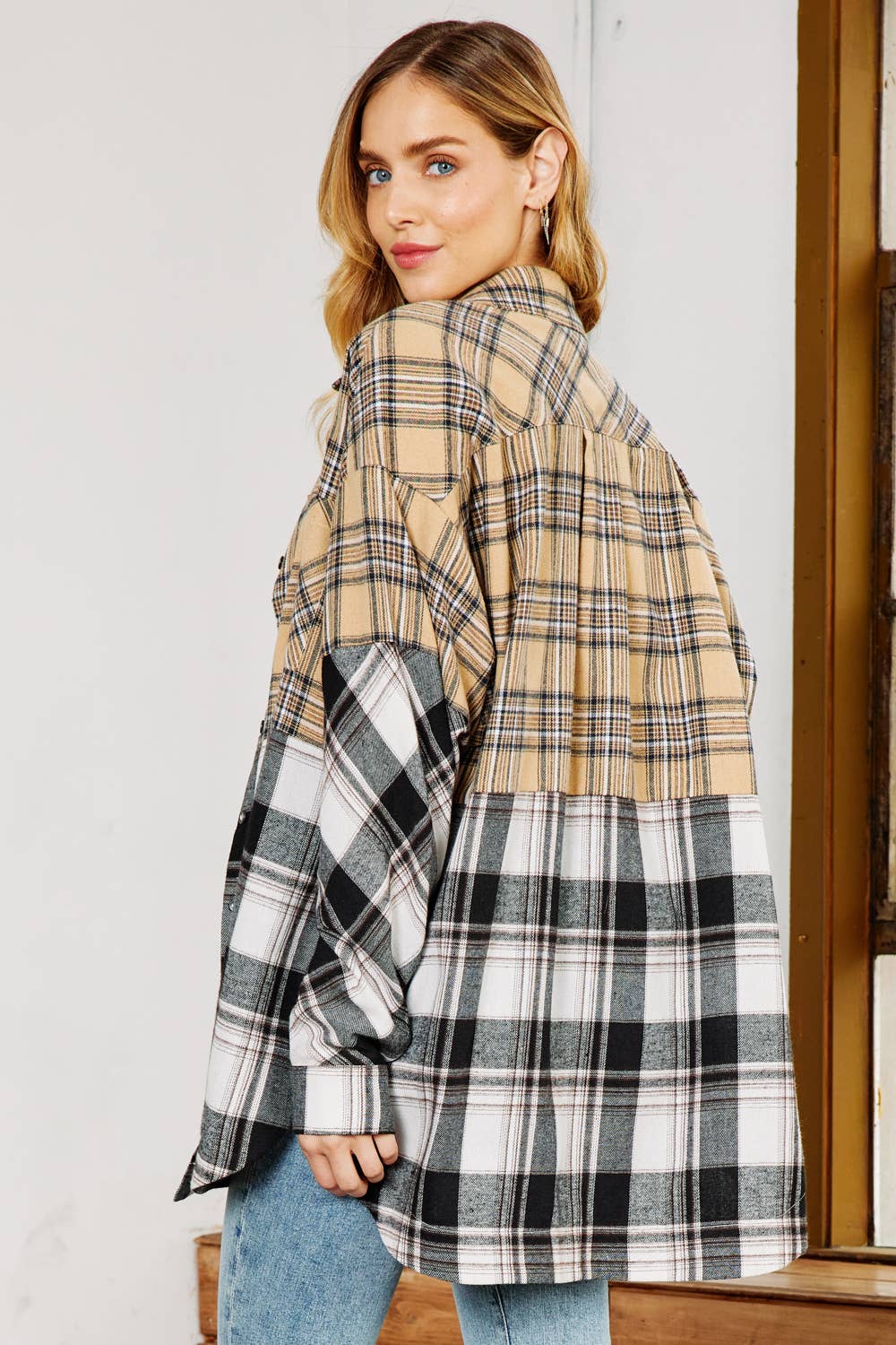 Mixed Plaid Button Down Oversized Shirt