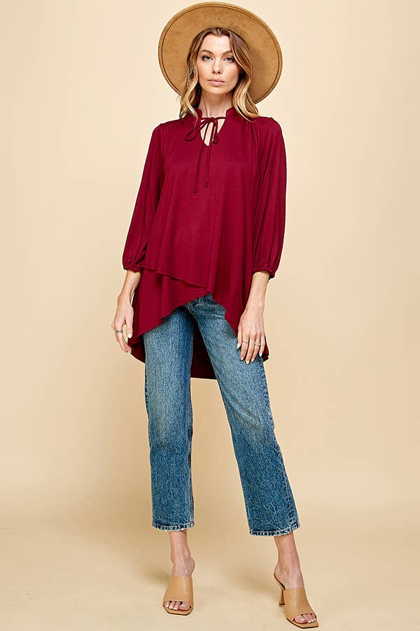 Plus Solid Collar Band Wrap Top With Tie