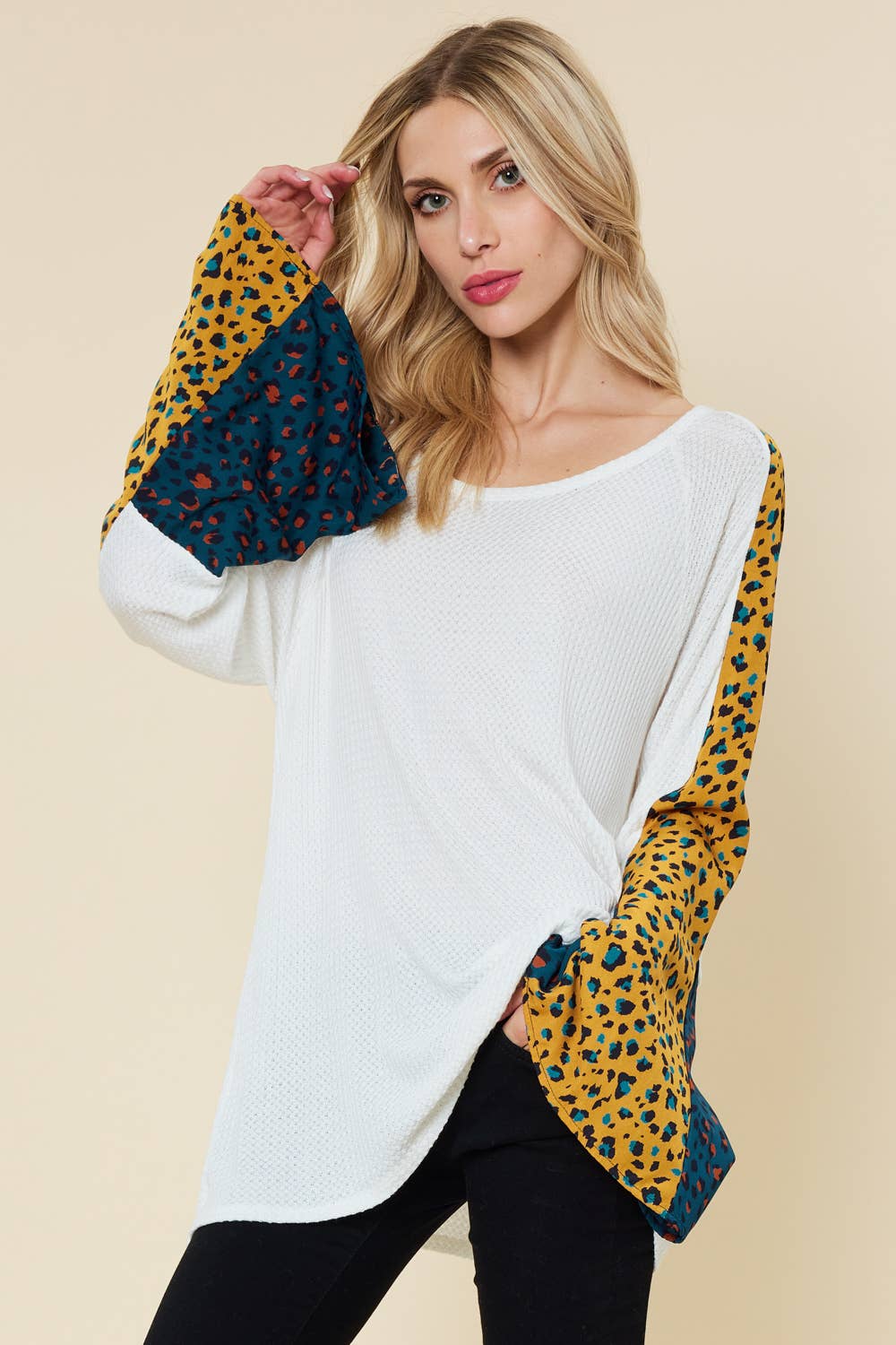 Bell sleeve top with color contrast leopard print