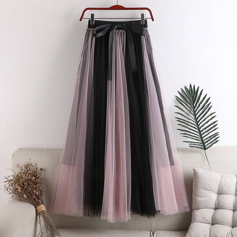 Color-Block Tulle Midi Puff Half Skirt