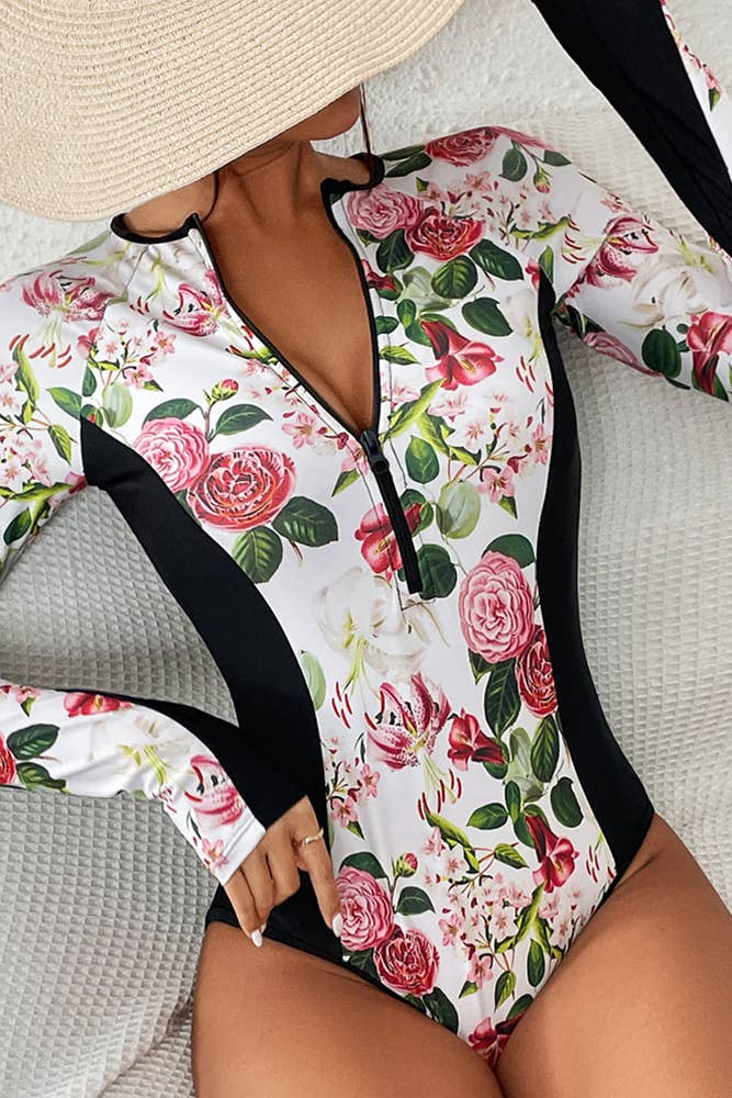 Zipper Tropical Print Splicing Swimsuit ZZKF638
