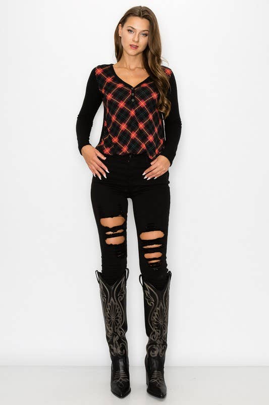 Plaid Back Detail Long Sleeve V Neck Top