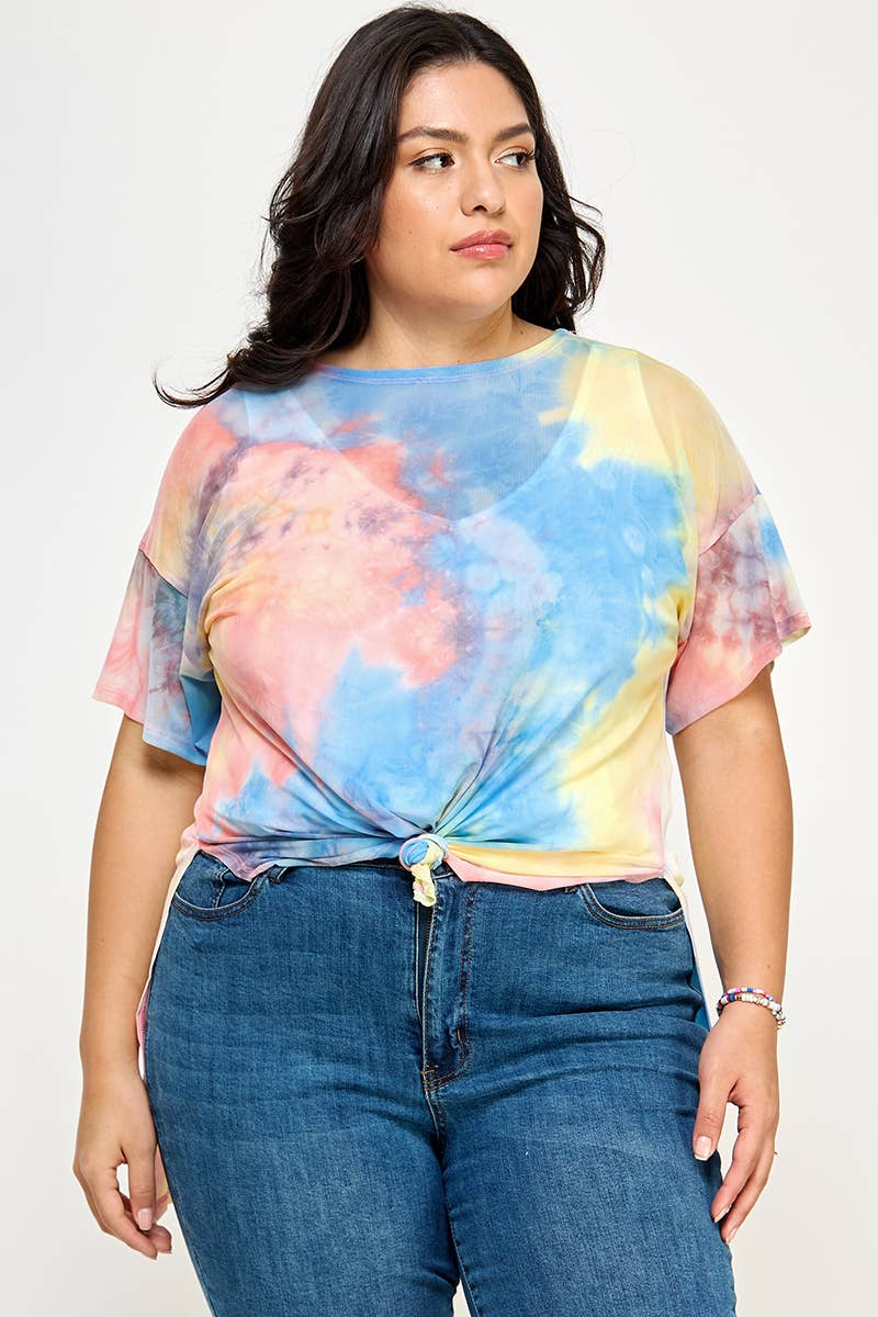 Plus Size Tie Dye Print Mesh Tee