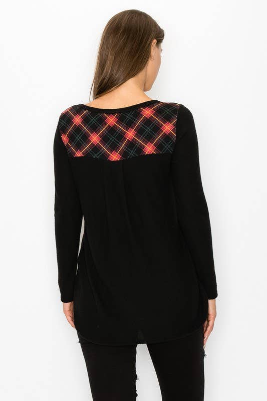 Plaid Back Detail Long Sleeve V Neck Top