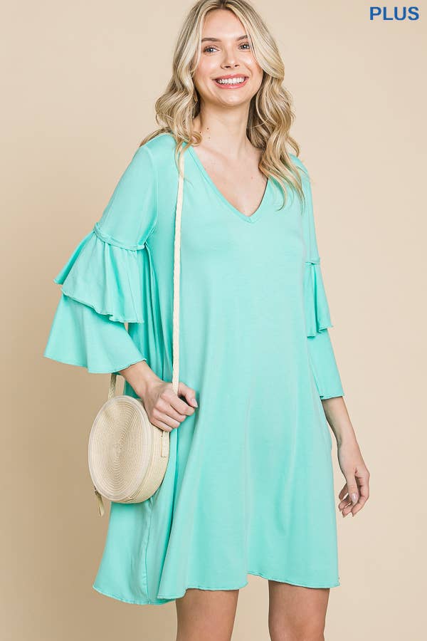 Plus Size V Neck Ruffle Sleeve A Line Dress