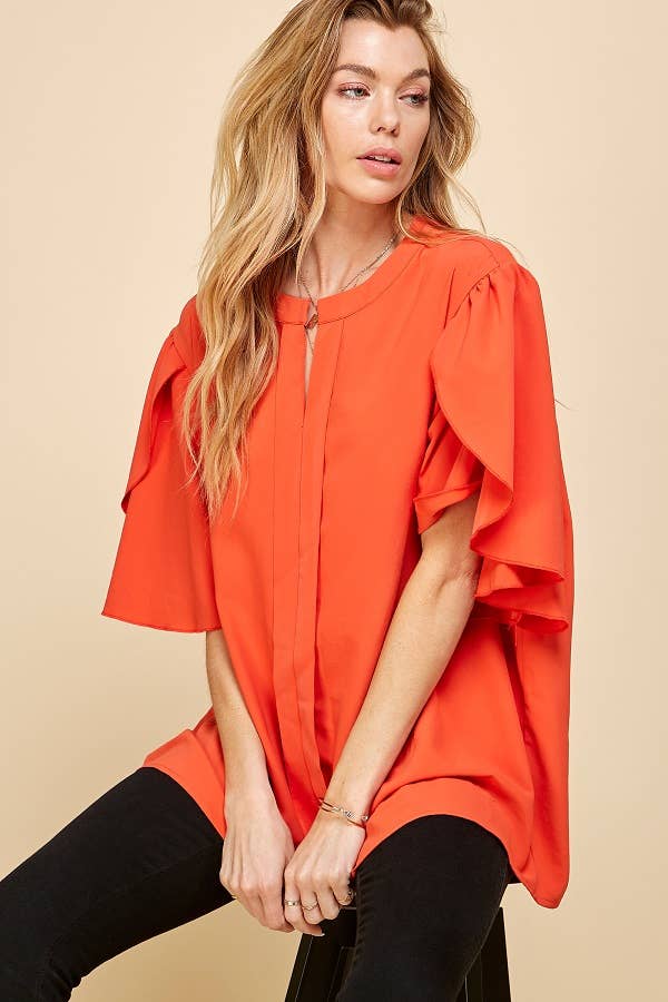 Solid Petal Flutter Sleeve Loose Blouse