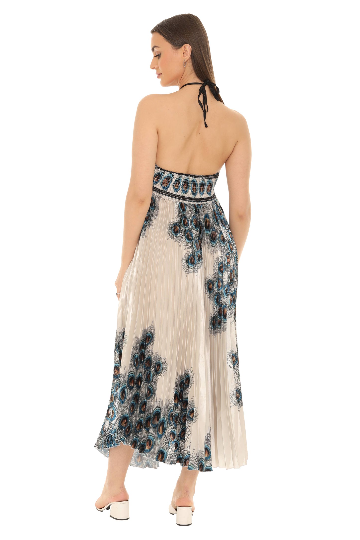 Peacock Pleated Maxi Halter Dress
