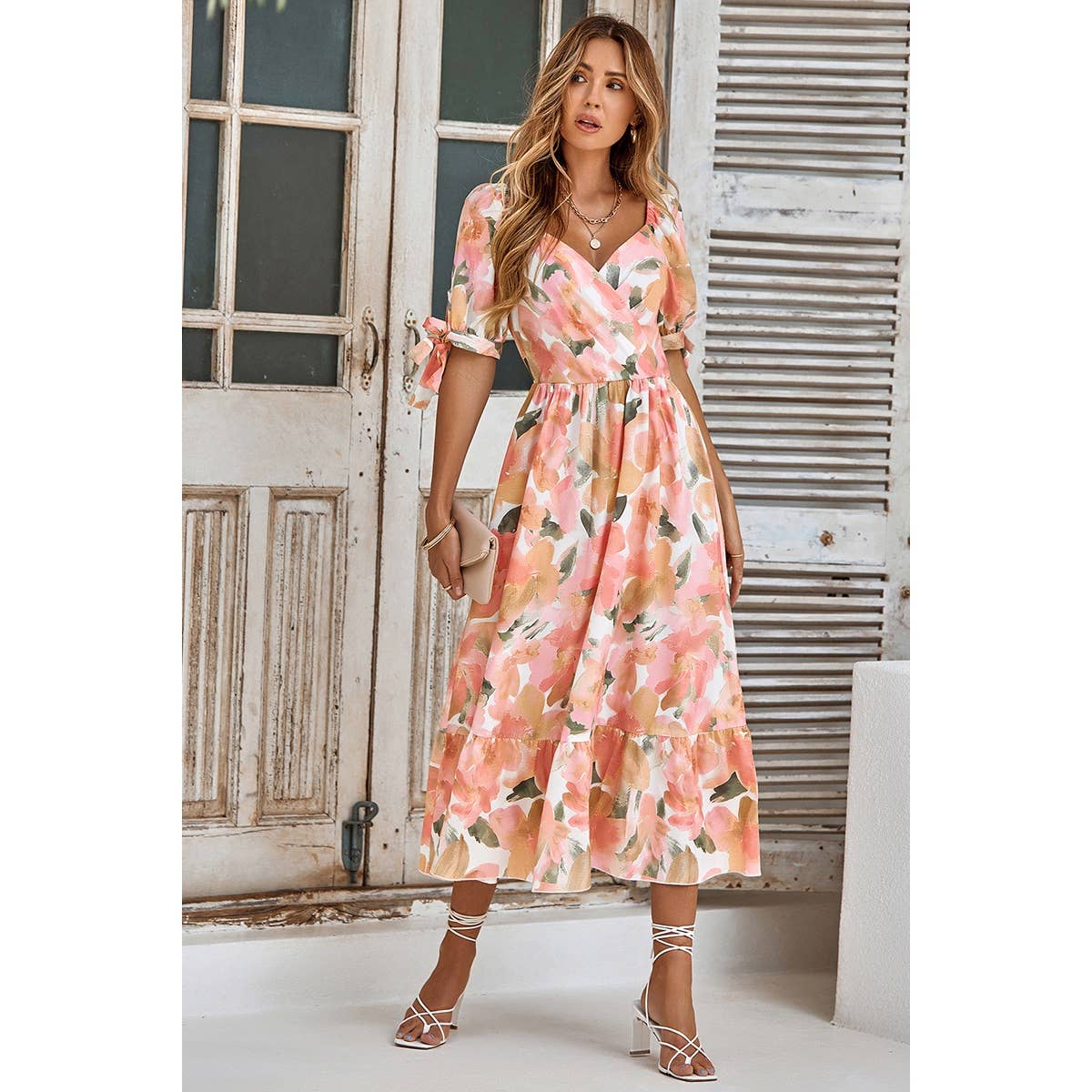 Floral Paint Short Sleeve Tie Cuff Surplice Neck Dress