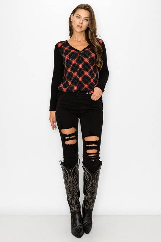 Plaid Back Detail Long Sleeve V Neck Top