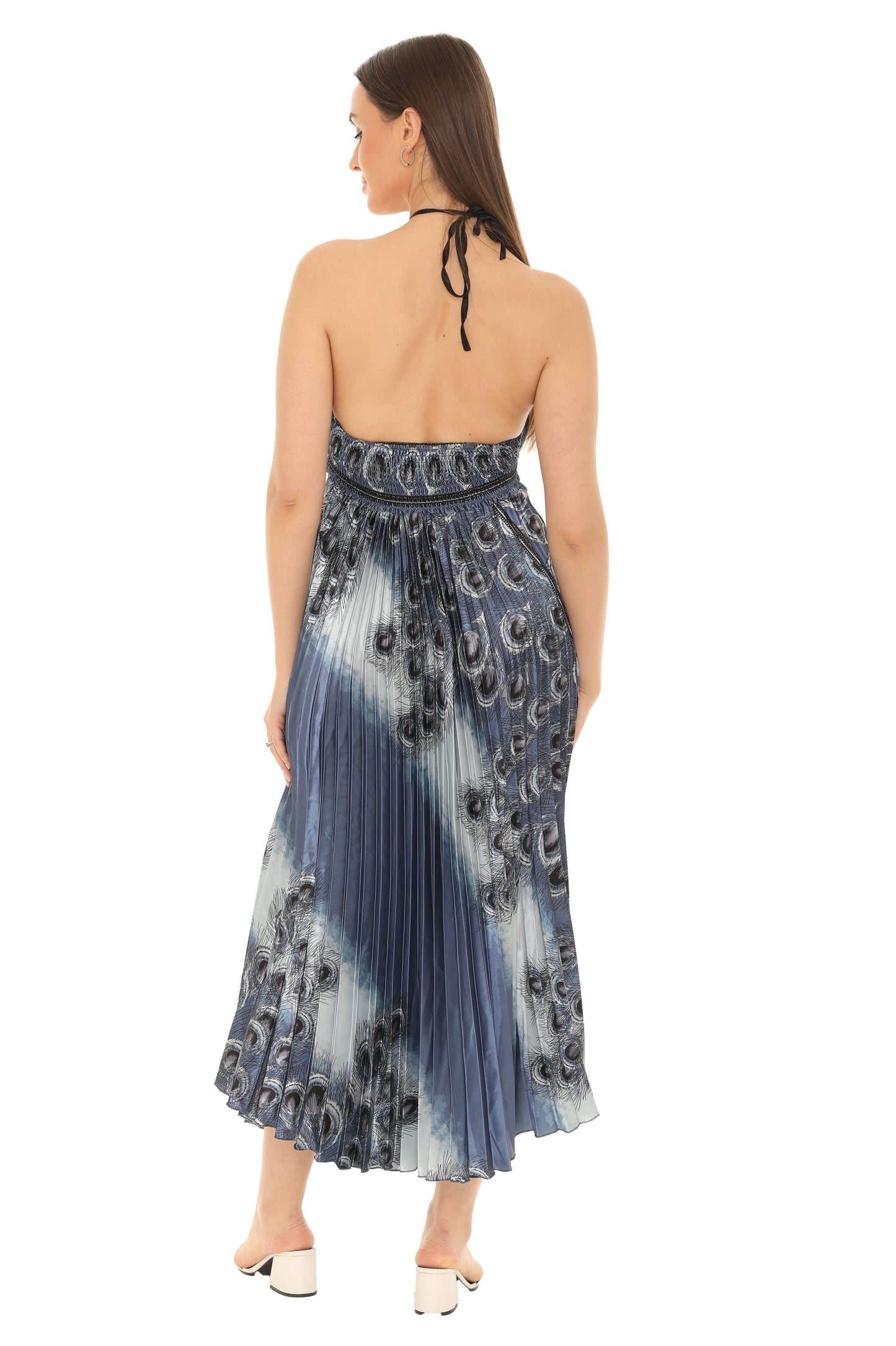 Peacock Pleated Maxi Halter Dress