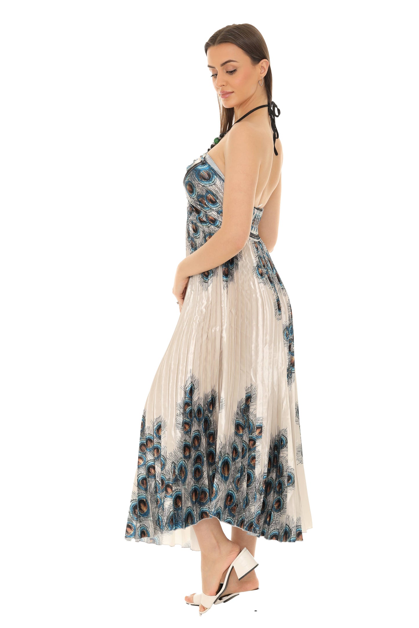 Peacock Pleated Maxi Halter Dress