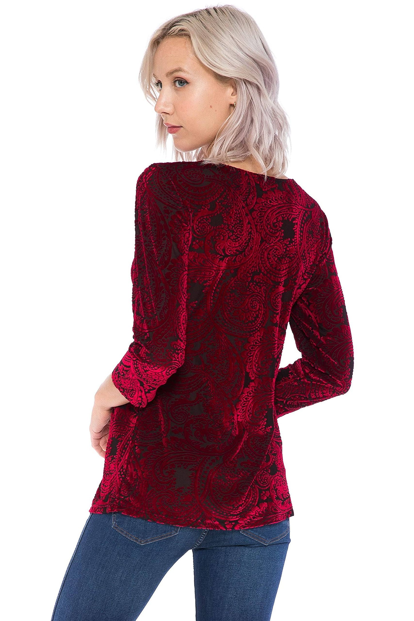 Women and Plus Size Red Burn Out Velvet Medallion Top