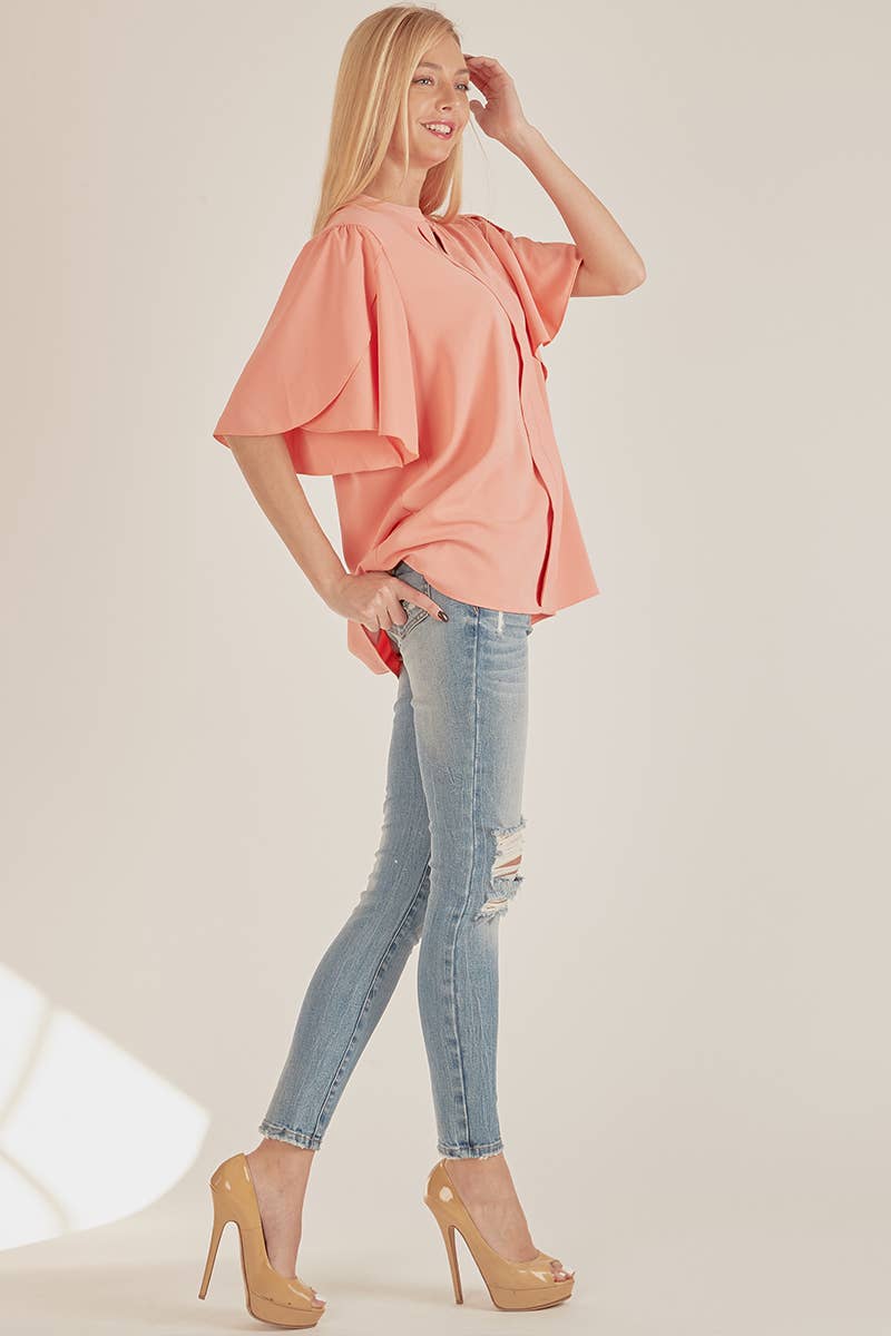 Solid Petal Flutter Sleeve Loose Blouse