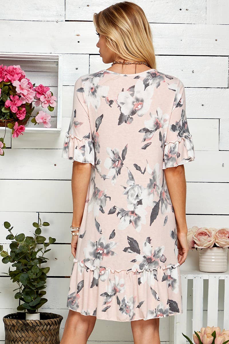 Women Floral Soft Midi Dress w/Ruffle