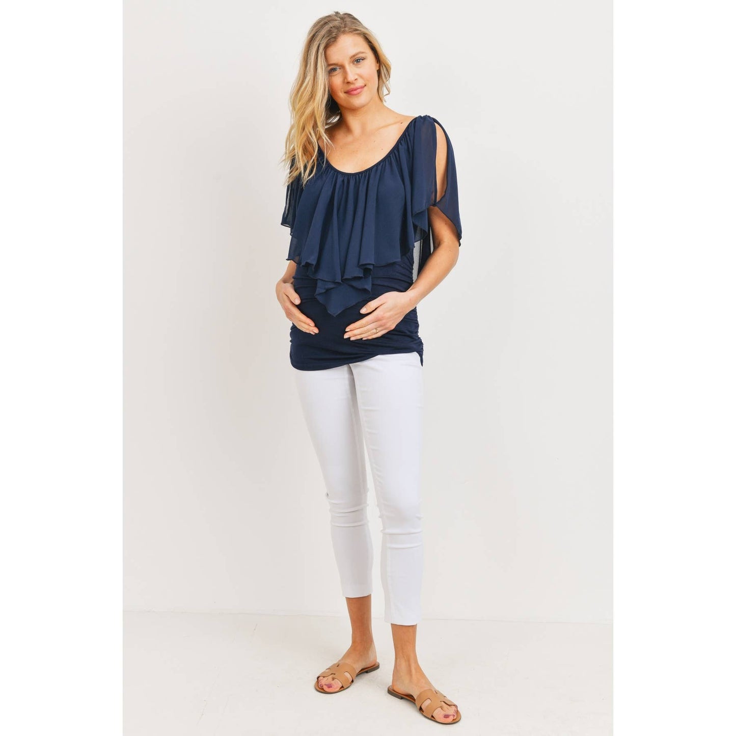 Ruffle Cold Shoulder Scoop Neck Maternity Blouse