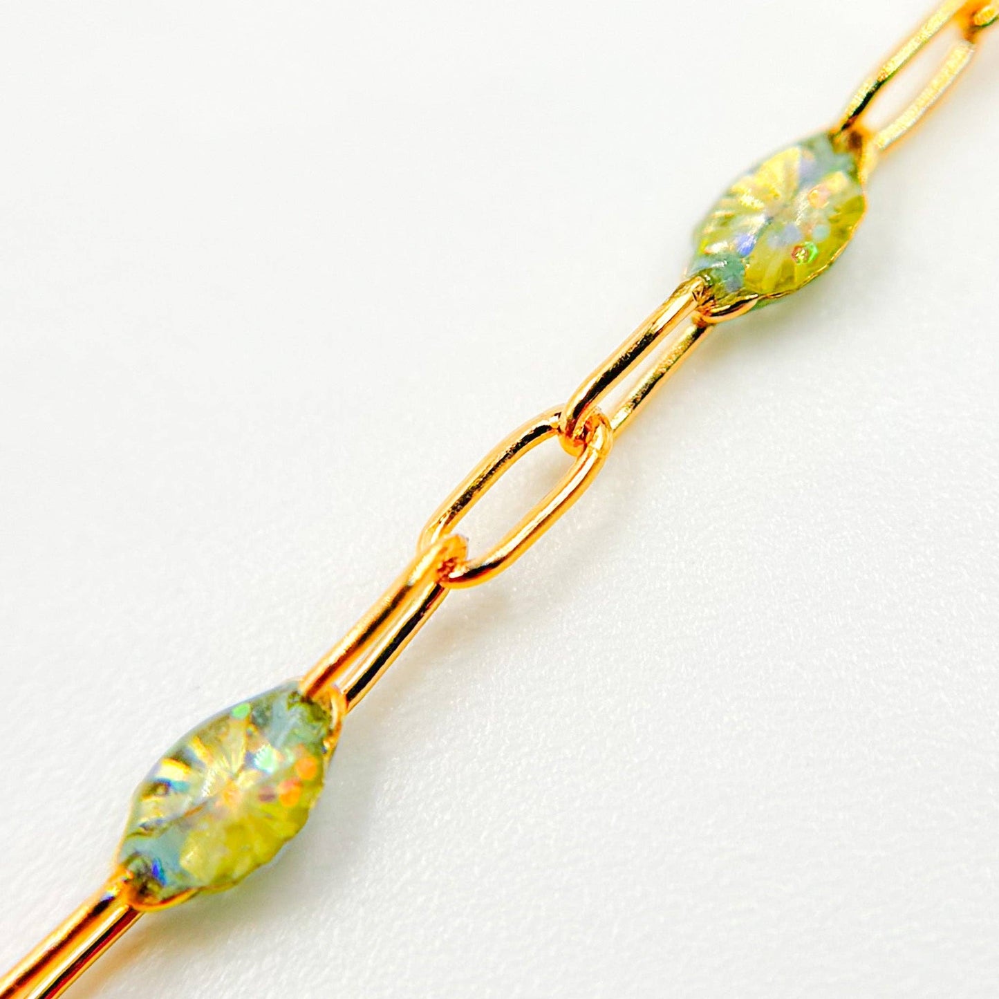 V250-OP3GF. Gold Filled Green Shade Color Opal Enamel Cable Chain