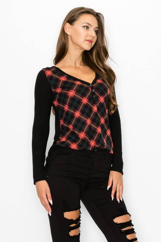 Plaid Back Detail Long Sleeve V Neck Top
