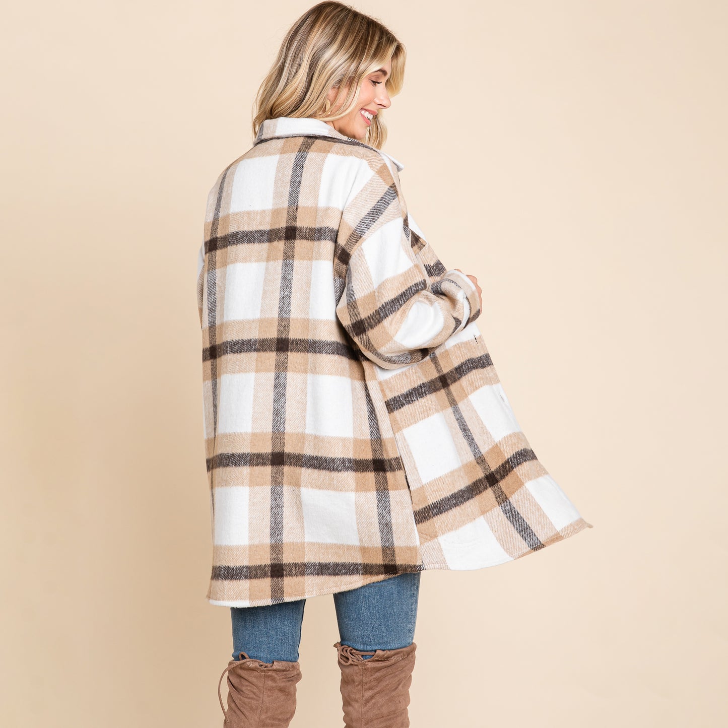 Lapel Button Up Plaid Flannel Shacket Shirt Jacket