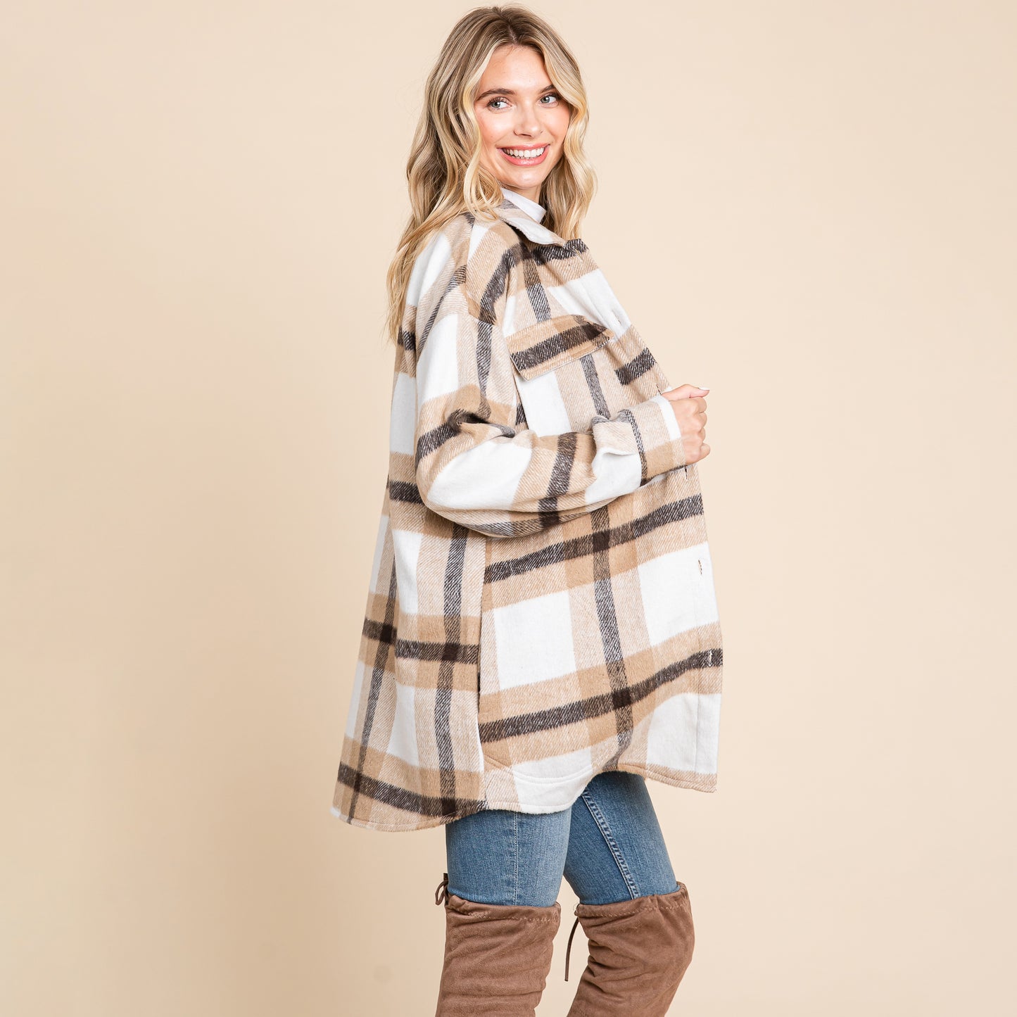 Lapel Button Up Plaid Flannel Shacket Shirt Jacket