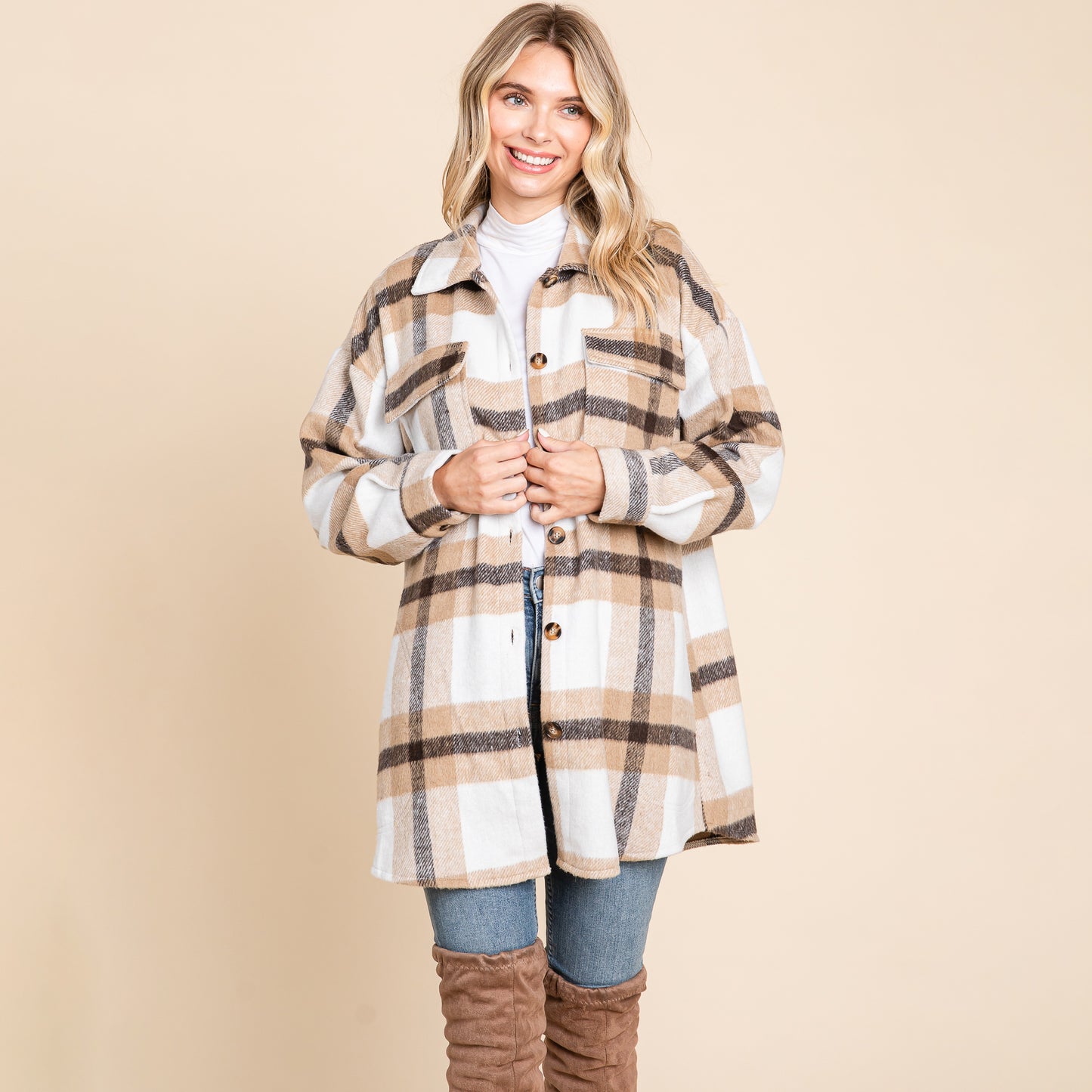 Lapel Button Up Plaid Flannel Shacket Shirt Jacket